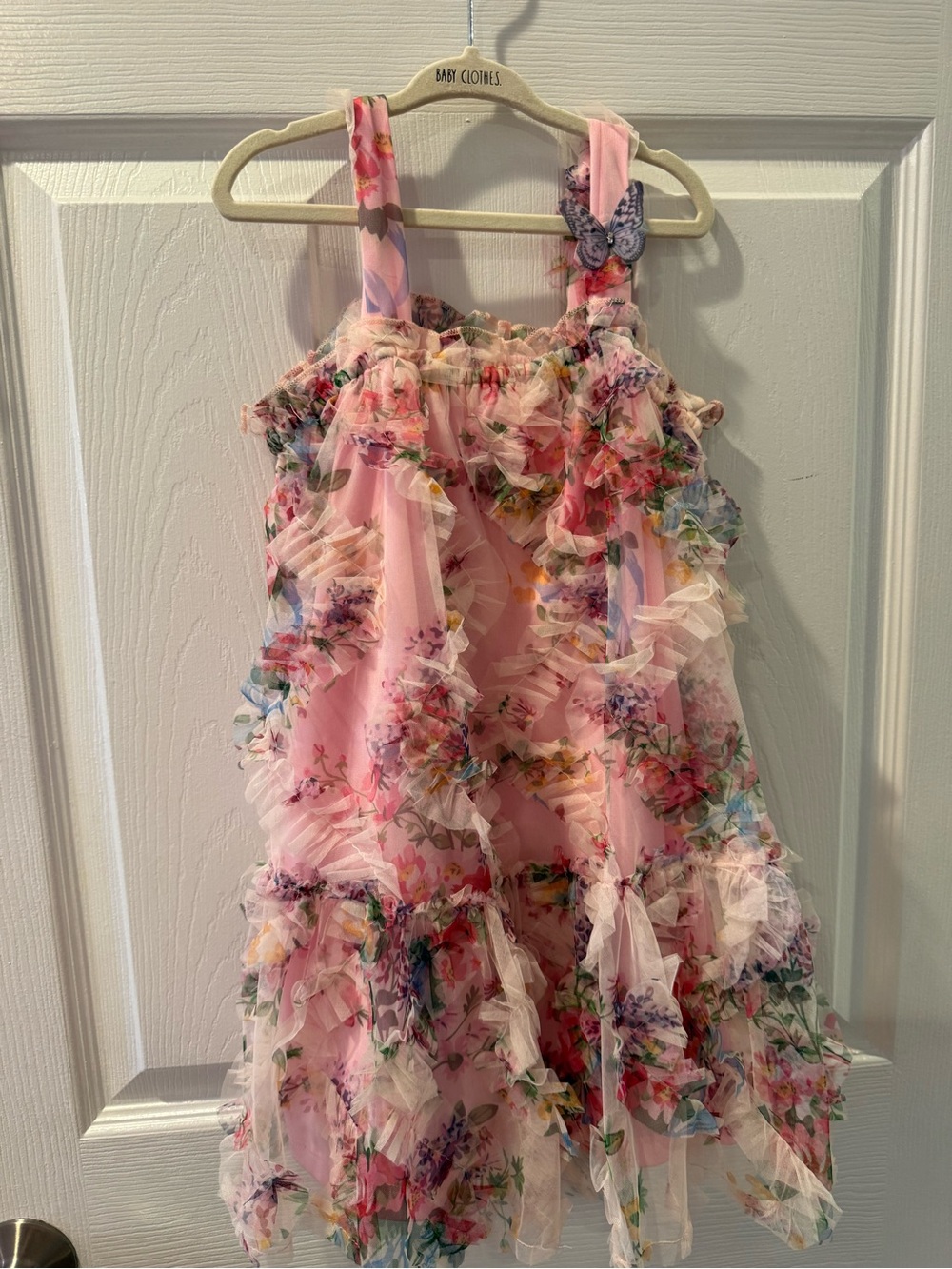 Pink Floral Ruffle Girls Formal Dress with Butterfly Accent